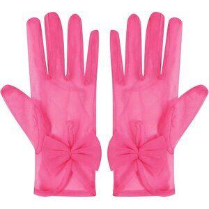 Women's Bow Pink Evening Sheer Tulle Short Length Gloves Wrist Tea Party Prom